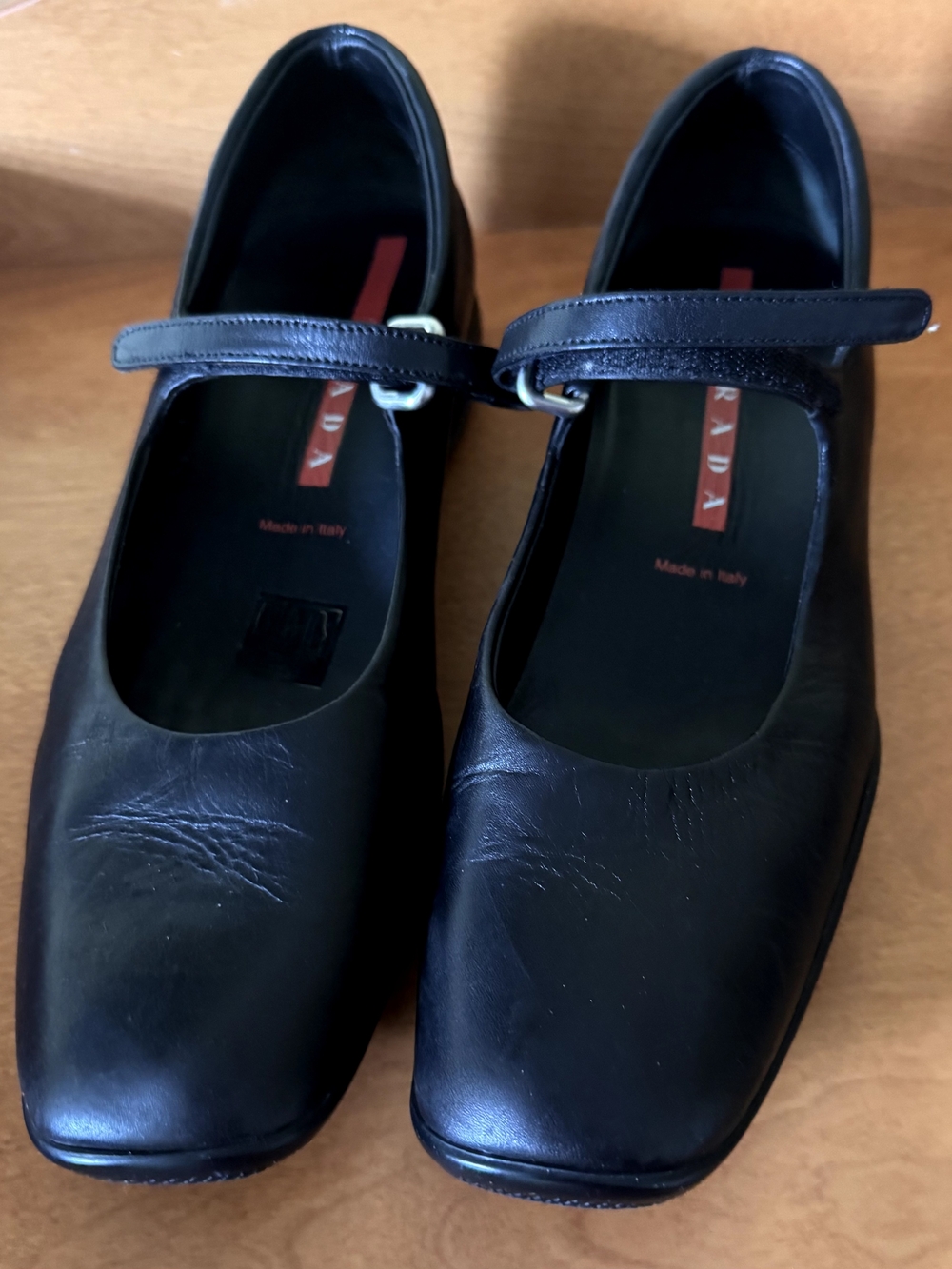 Prada Black Leather Mary Jane Flats with Buckle Strap